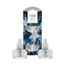 Due ricariche trasparenti ScentPlug di Yankee Candle con tappi bianchi sono esposte davanti alla loro confezione, sulla quale è riportata la dicitura “Midnight Jasmine - Ricarica (2 pz)” e sono raffigurati fiori di gelsomino bianchi. La confezione contiene due ricariche.