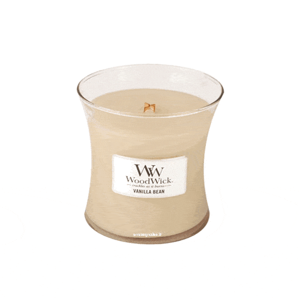 Vanilla Bean Woodwick – Candela Media Giara media - WoodWick Una candela WoodWick di Candela Media color beige, con stoppino in legno e con l'etichetta "Vanilla Bean", contenuta in un contenitore di vetro curvo.