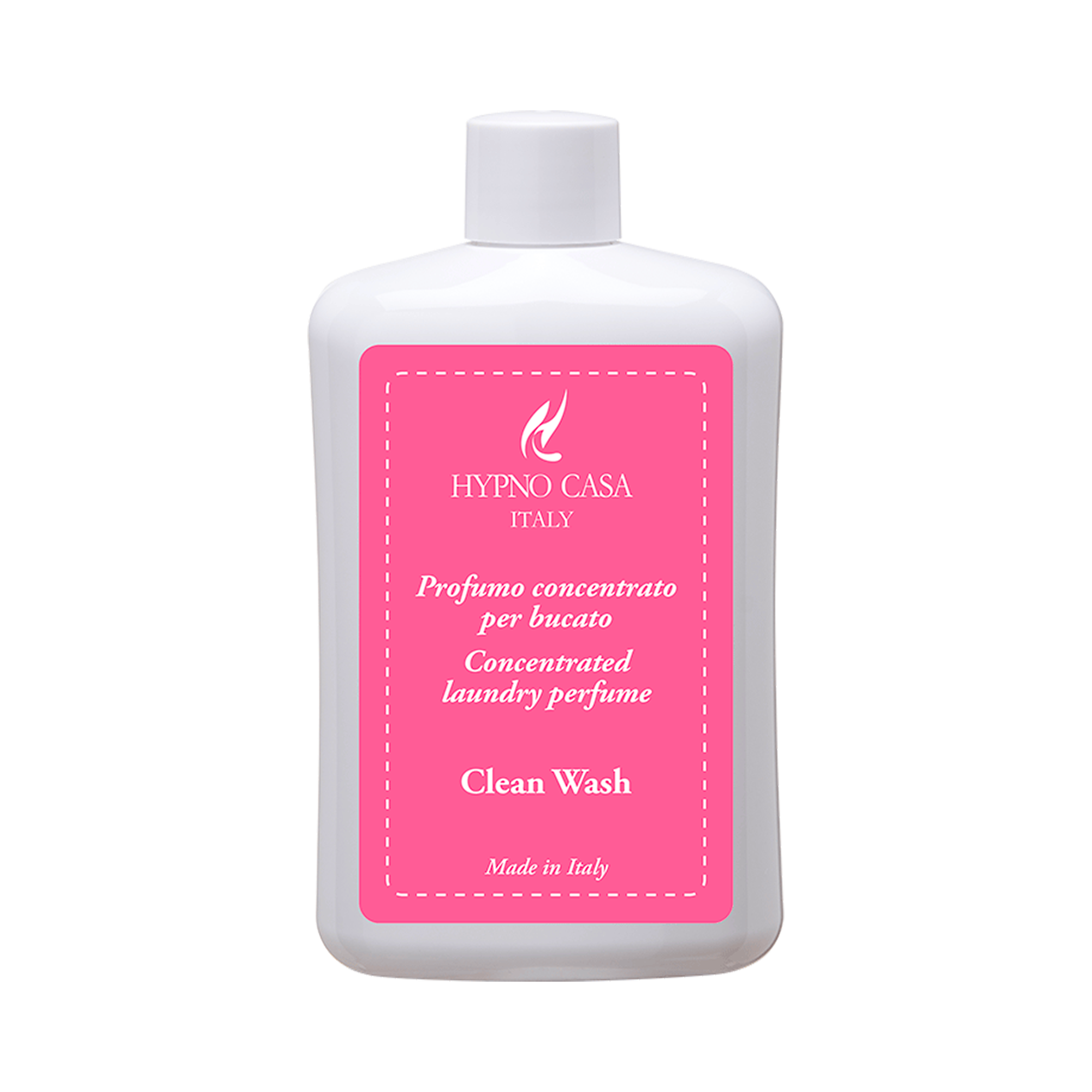 Profuma Bucato Hypno Clean Wash 400 ml Bucato 400 ml Una bottiglia bianca con un'etichetta rosa riporta la scritta "HYPNO CASA ITALY" e la identifica come Profuma Bucato Hypno Clean Wash, profumo concentrato per il bucato da 400 ml, prodotto in Italia.