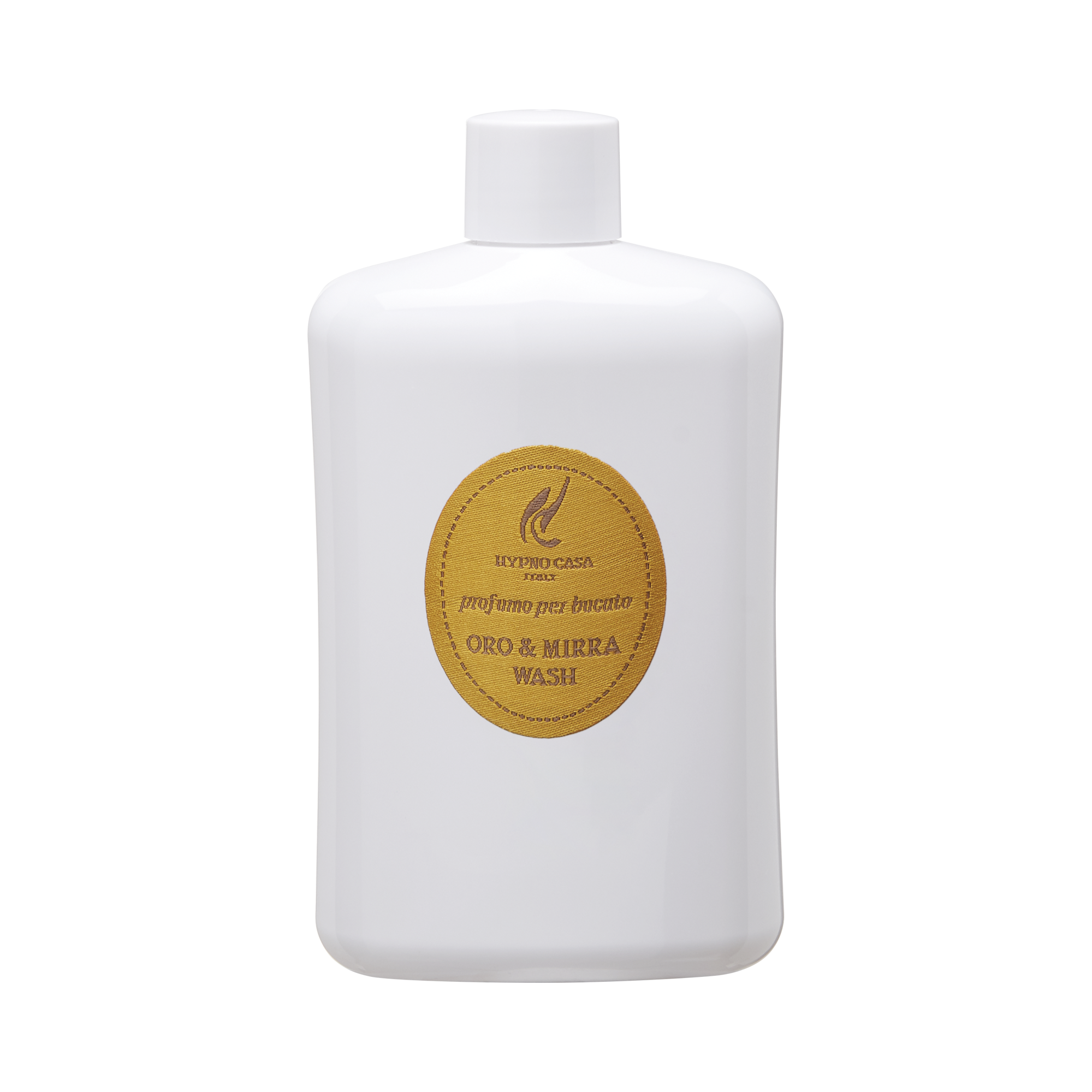 Profuma Bucato Hypno Oro e Mirra 400 ml Hypno 400 ml Flacone bianco con etichetta ovale giallo-marrone con la scritta "Profuma Bucato Hypno Oro e Mirra 400 ml" sul fronte, su sfondo bianco.