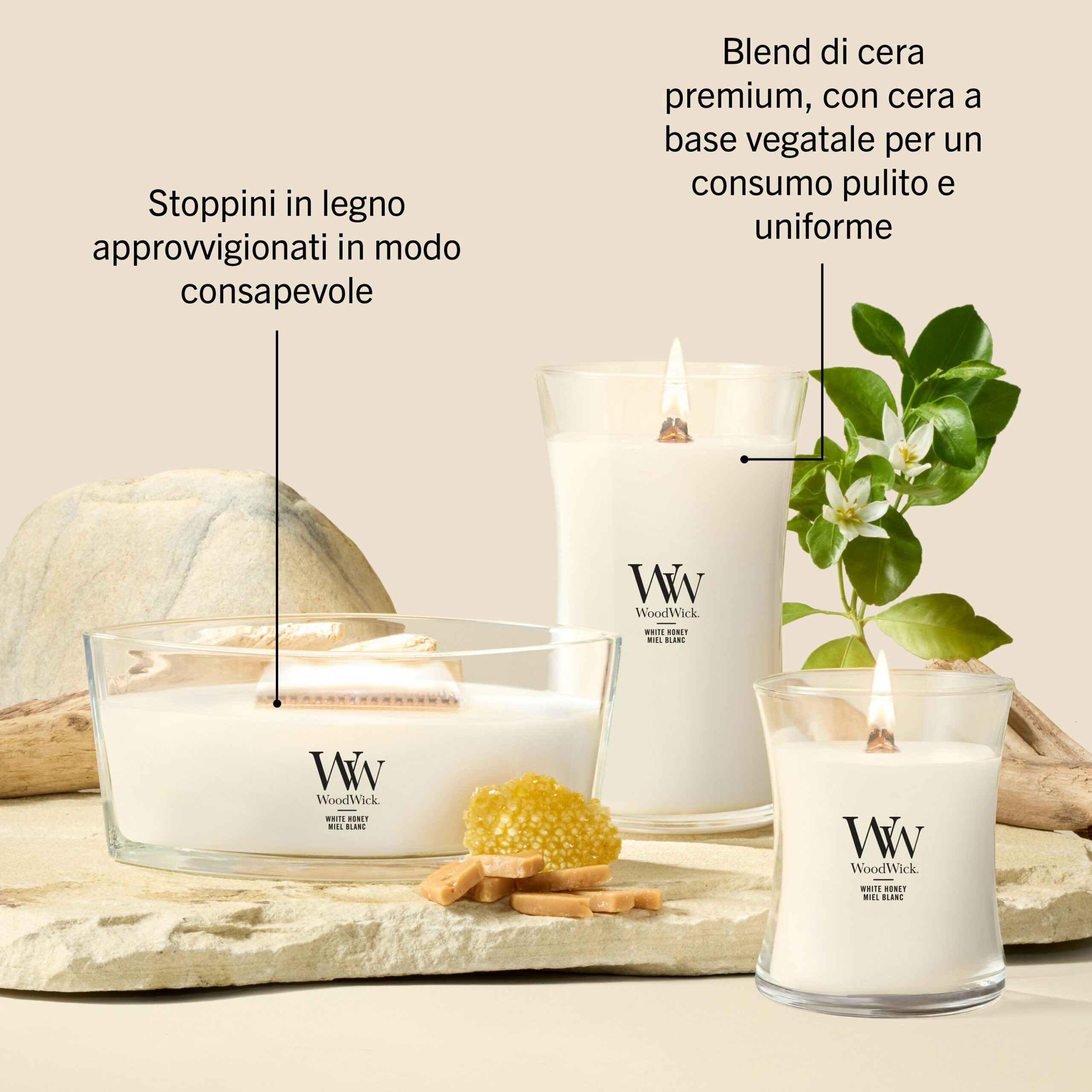 White Honey Woodwick – Candela Grande Giara Grande 4 Tre candele profumate dalle forme originali poggiano su una superficie beige, accompagnate da foglie verdi e pezzetti di cera disposti nelle vicinanze. Il testo in italiano sottolinea il carattere ecologico degli stoppini in legno — simili a quelli di Woodwick — e della miscela di cera di origine vegetale. Tra queste spicca la sofisticata White Honey Woodwick - Candela Grande, che conferisce un tocco di eleganza a questa composizione naturale.