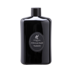 Un elegante flacone nero rettangolare con tappo rotondo mostra "Profuma Bucato Hypno Vanity Luxury Laundry 400 ml" in testo bianco, irradiando lusso ed eleganza su un semplice sfondo chiaro.