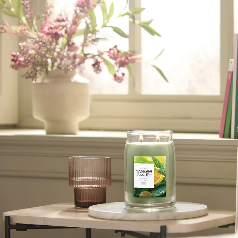 Sage & Citrus – Giara Grande – Yankee Candle 350 Punti 4 Una candela Yankee Candle Sage & Citrus - Giara Grande è appoggiata su un tavolino accanto a un bicchiere di vetro marrone; alle loro spalle, un vaso di marmo con fiori rosa e una finestra illuminata dal sole completano la scena serena.