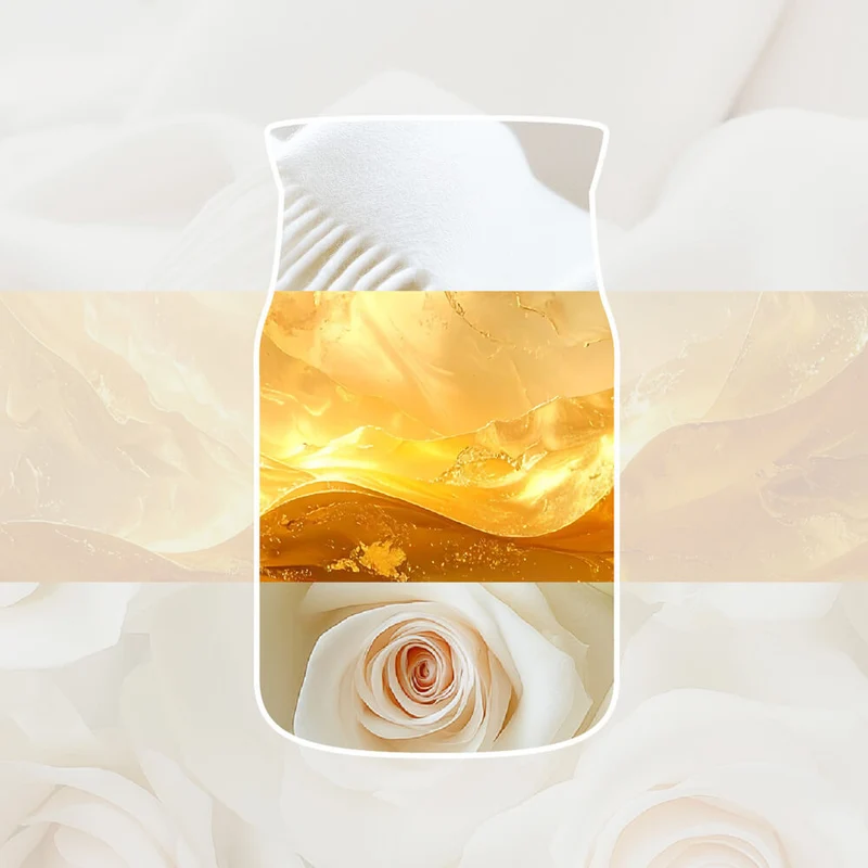 Soft Blanket – Candela Piccola – Yankee Candle 100 Punti 3 La sagoma di un vaso bianco si staglia su uno sfondo di rose bianche e tessuto, mentre il bagliore dorato e traslucido della candela “Soft Blanket - Giara Grande” di Yankee Candle riempie il centro della sagoma del vaso.