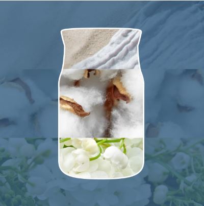 Ocean Air – Candela Media – Yankee Candle 250 Punti 4 Un collage a forma di barattolo ispirato alla candela “Ocean Air - Giara Grande” di Yankee Candle, caratterizzato da strati di morbido tessuto nella parte superiore, soffice cotone con semi al centro e fiori bianchi nella parte inferiore, il tutto su uno sfondo dalle delicate tonalità blu.