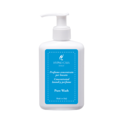 Su uno sfondo chiaro è raffigurato un flacone bianco con dosatore su cui è riportata la scritta "Profuma Bucato Hypno - Pure Wash - 200 ml".