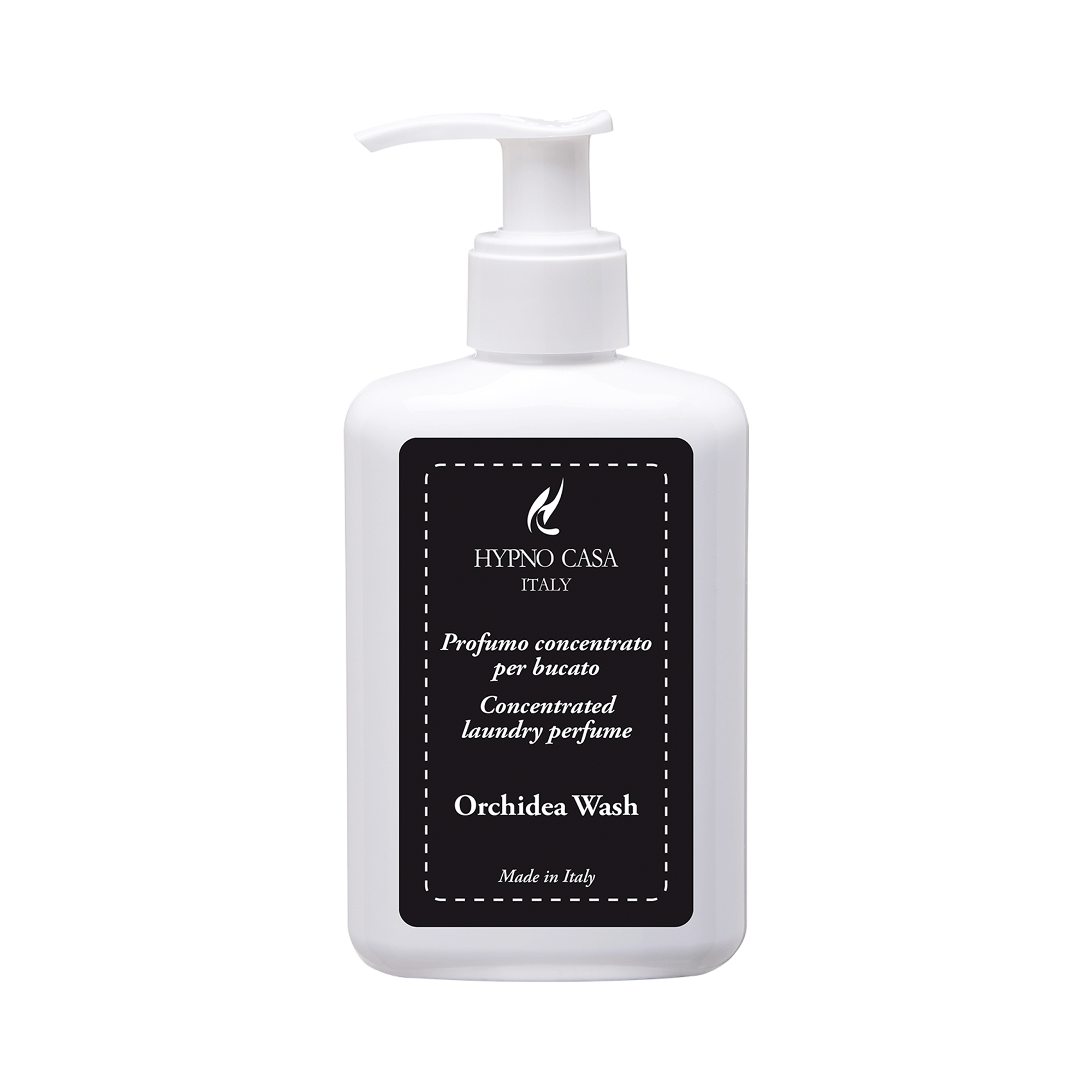 Profuma Bucato Orchidea Wash – Hypno – 200 ml Bucato 200 ml Un flacone bianco con dosatore, recante l'etichetta "Profuma Bucato Orchidea Wash - Hypno - 200 ml", presenta una scritta in bianco e nero che risalta su uno sfondo scuro.