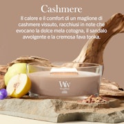 La candela Cashmere - Giara Ellipse - WoodWick è appoggiata su una superficie di pietra accanto a una fetta di mela, al legno di sandalo e ai semi di tonka. Il testo in italiano sullo sfondo evoca il suo profilo olfattivo avvolgente, dolce e cremoso. L'elegante design Giara Ellipse esalta l'atmosfera sofisticata di questa esperienza olfattiva.