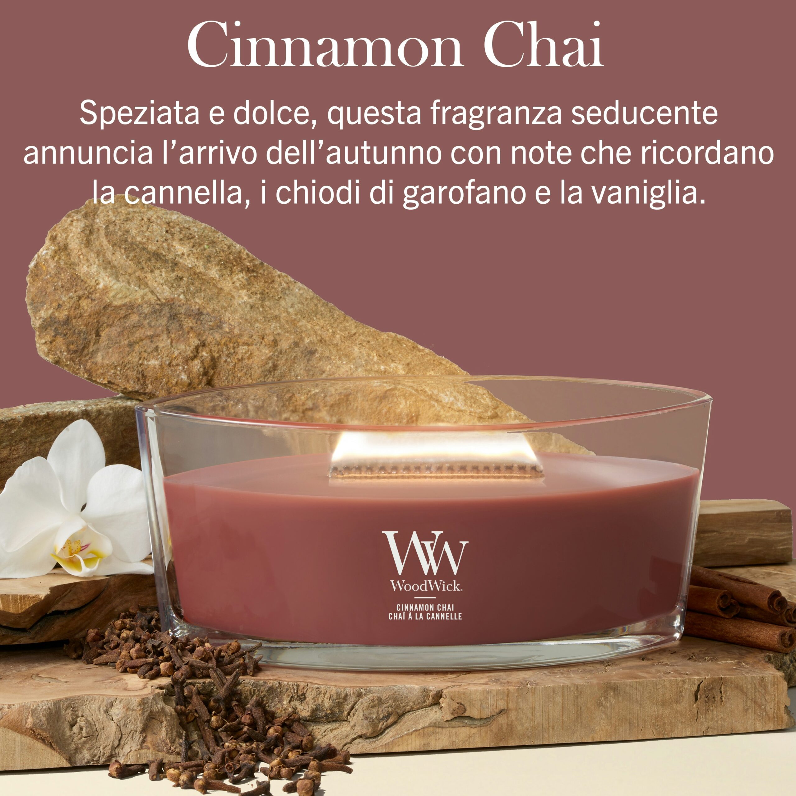 Cinnamon Chai – Giara Ellipse – WoodWick Ellipse La candela “Cinnamon Chai - Giara Ellipse - WoodWick” emana una luce calda, circondata da bastoncini di cannella, chiodi di garofano e fiori di vaniglia, su uno sfondo rustico. Il testo in italiano ne sottolinea la fragranza autunnale, speziata e dolce.