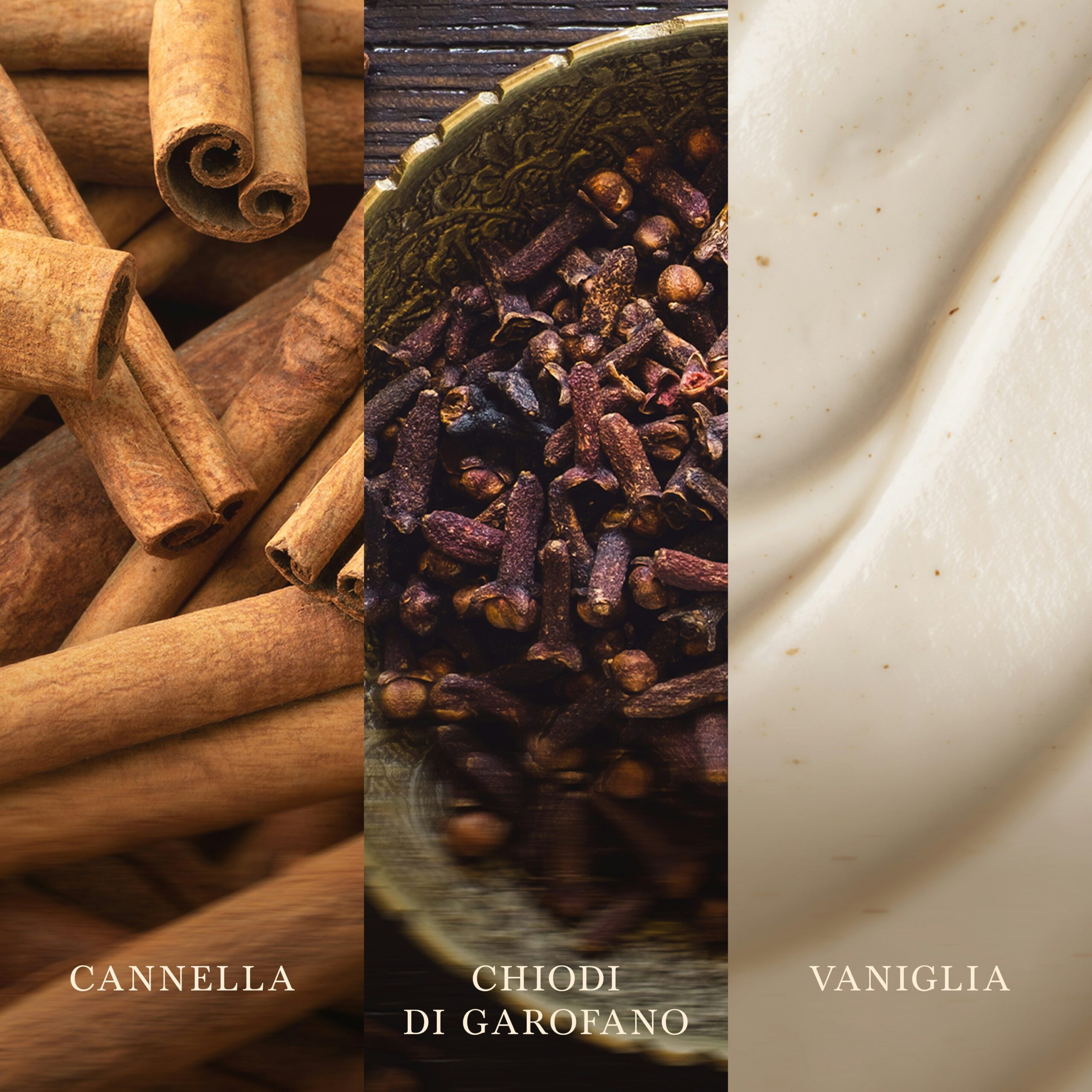 Cinnamon Chai – Candela Grande – WoodWick Giara Grande 5 Tre pannelli verticali raffigurano bastoncini di cannella, chiodi di garofano interi in una ciotola e una cremosa crema alla vaniglia. Ciascun pannello reca un'etichetta in italiano: «CANNELLA», «CHIODI DI GAROFANO» e «VANIGLIA». Ispirandosi al profumo invitante del Cinnamon Chai - Candela Grande di WoodWick, questa immagine cattura l'essenza di questa fragranza iconica in ogni dettaglio.