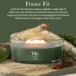 Una candela Frasier Fir - Ellipse - Woodwick di colore verde poggia su una superficie naturale con rami di pino, ambra e legno, accanto a un testo in italiano che ne descrive la fragranza fresca e legnosa, mentre la sua fiamma morbida tremola dolcemente.