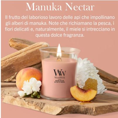 Manuka Nectar – Giara Media – Woodwick Giara media Una candela “A Manuka Nectar” - Giara Media - Woodwick, di colore rosa, poggia su una base di legno, circondata da fiori bianchi, fette di pesca e favi di miele, su uno sfondo color pesca con un testo in italiano che descrive la fragranza.