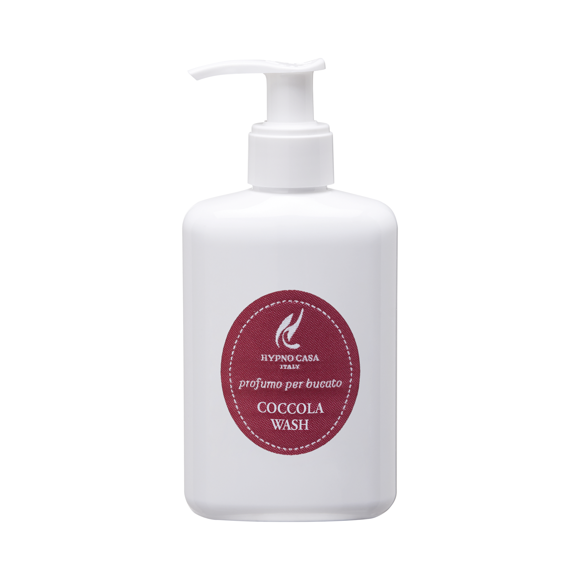 Profuma Bucato Hypno – Coccola Wash – Hypno Casa – 200 ml Hypno 200 ml Una bottiglia bianca con un erogatore a pompa etichettato "Profuma Bucato Hypno - Coccola Wash" e "Hypno Casa" in rosso con testo bianco. L'etichetta riporta anche "profumo per bucato", a indicare che si tratta di un prodotto profumato per bucato da 200 ml.