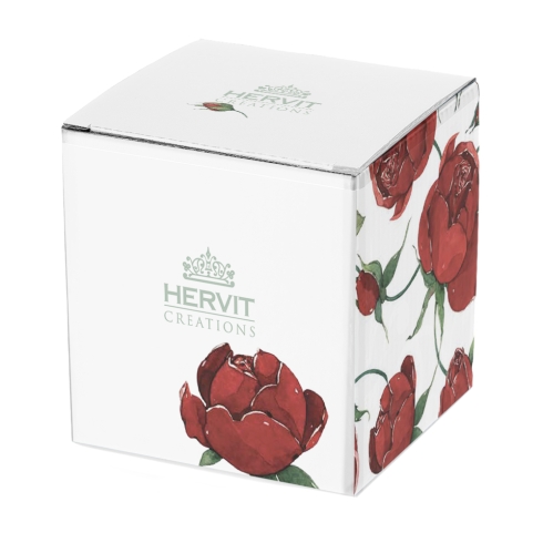Piatto Vetro Rose Baccarat Vetro Bianco Frozen – Hervit Creations Centro Tavola 2 Una scatola cubica bianca con motivi Rose Baccarat rossi sui lati e la scritta "Hervit Creations" più il logo a forma di corona sulla parte superiore.