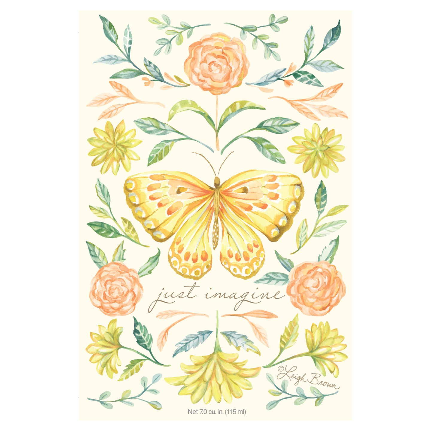 Un'intricata illustrazione ad acquerello di una farfalla arancione e gialla è circondata da rose, margherite e foglie. Un'elegante scritta sotto la farfalla recita "Just Imagine - Busta Profumata Grande.