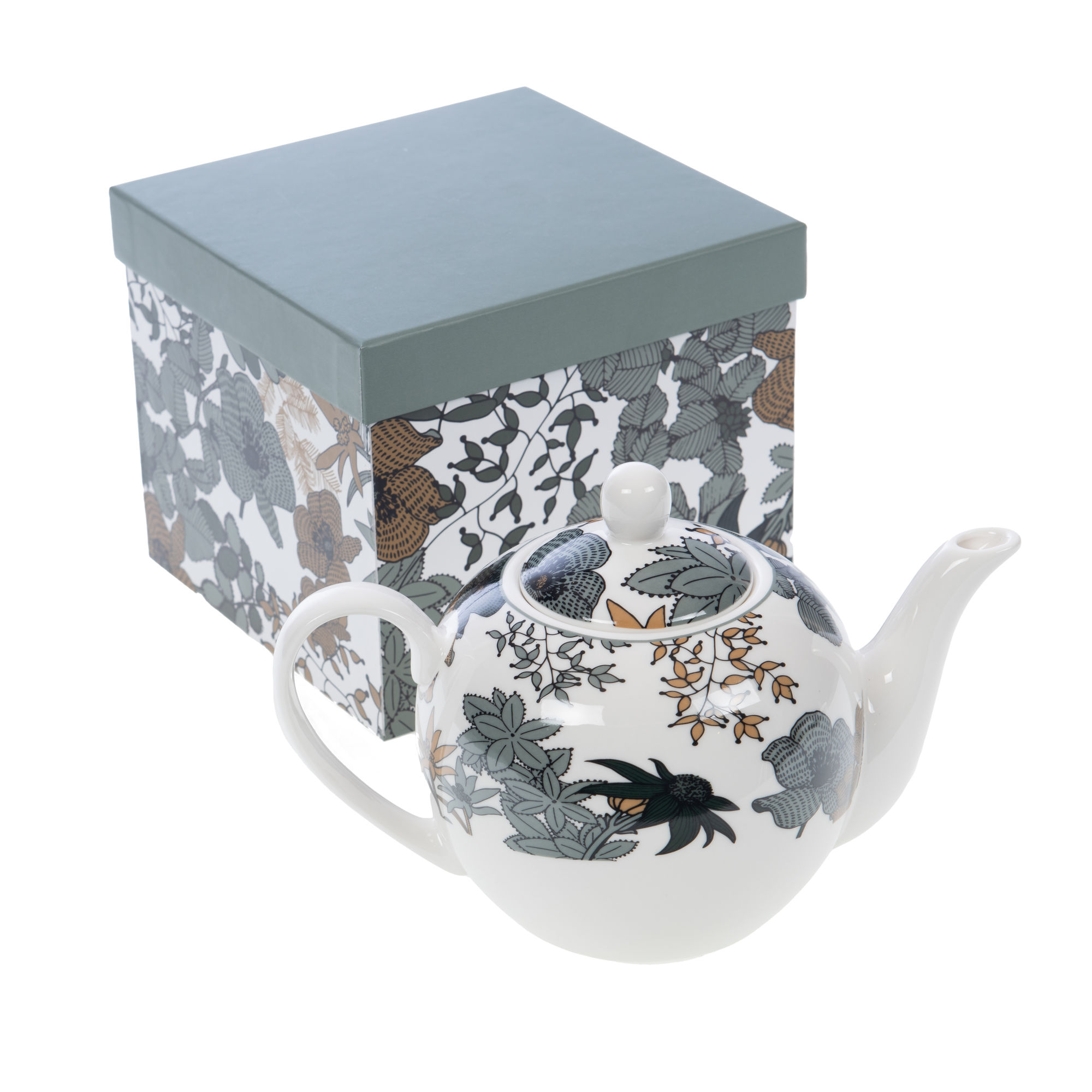 La teiera Teiera Linea Neva - Amadeus presenta un design botanico di foglie e fiori in nero, grigio e oro. È abbinata a una scatola quadrata abbinata con lo stesso motivo floreale e un coperchio grigio solido, creando un set armonioso perfetto per qualsiasi ambiente da tè ispirato ad Amadeus.