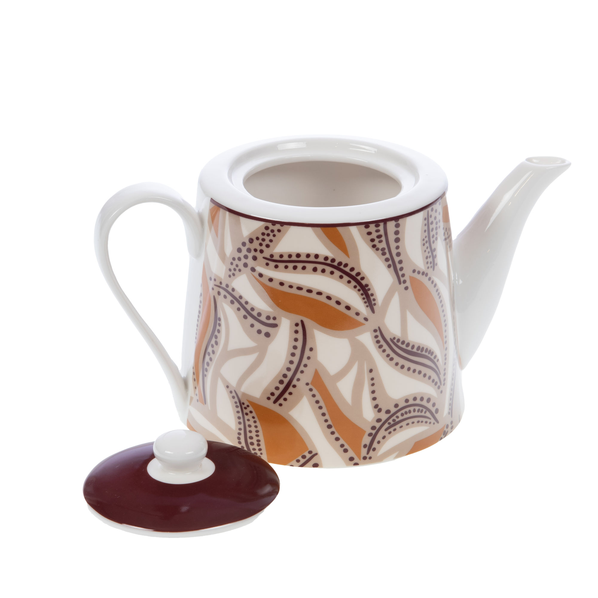 Teiera – Linea – Bettina – Amadeus Linea Bettina Amadeus 2 La Teiera - Linea - Bettina - Amadeus presenta un beccuccio alto, un manico curvo e un motivo astratto con foglie marroni, arancioni e crema ornate da puntini. Il coperchio rimosso è artisticamente posizionato di fronte.