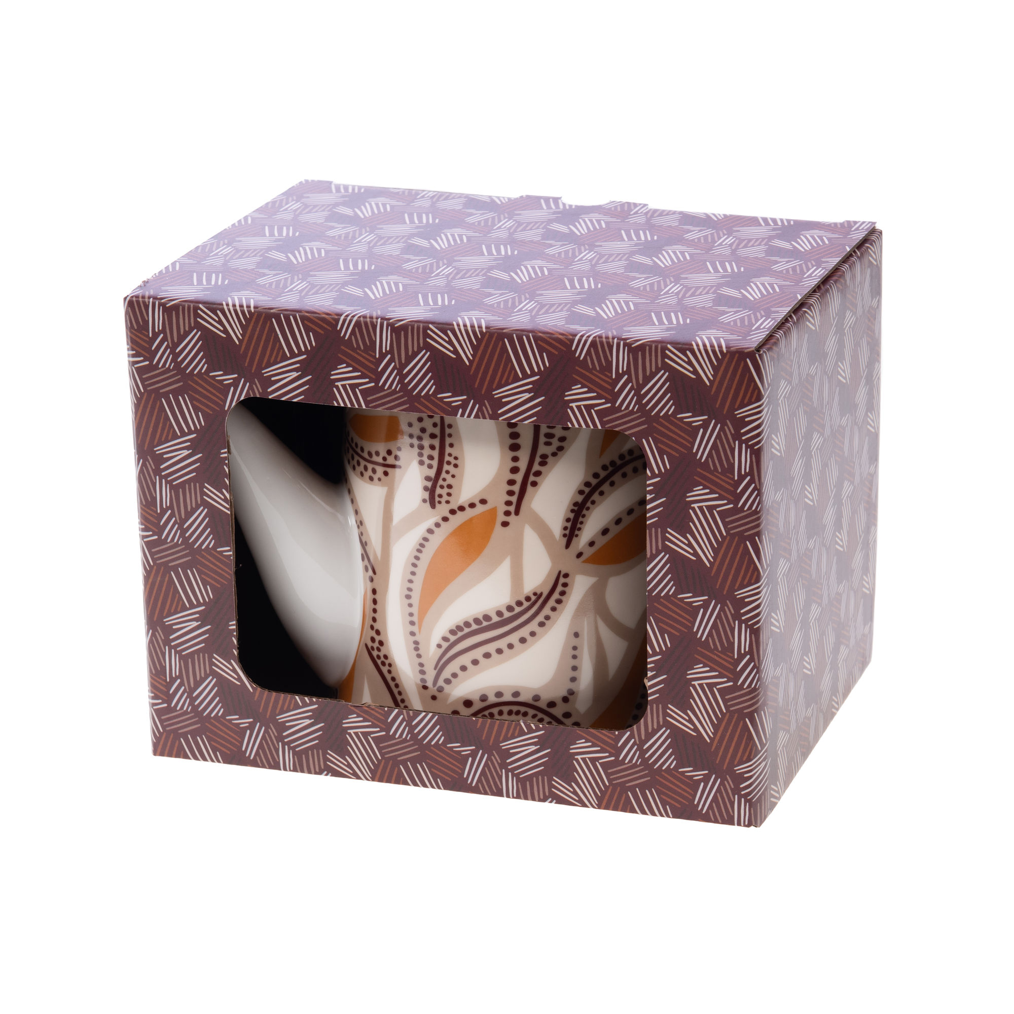 Teiera – Linea – Bettina – Amadeus Linea Bettina Amadeus 3 Una tazza in ceramica Teiera della collezione Bettina - Amadeus, caratterizzata da un motivo in foglia marrone e oro, è parzialmente visibile all'interno di una scatola marrone con motivo e finestra trasparente.