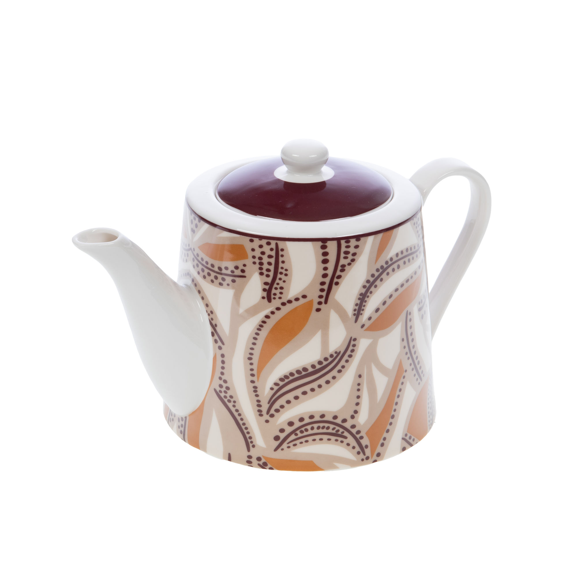 La teiera in ceramica bianca Teiera - Linea - Bettina - Amadeus, con coperchio color marrone, è caratterizzata da un motivo decorativo di foglie marroni, arancioni e color marrone con linee tratteggiate, insieme a un beccuccio curvo e un manico per un'elegante esperienza del tè.