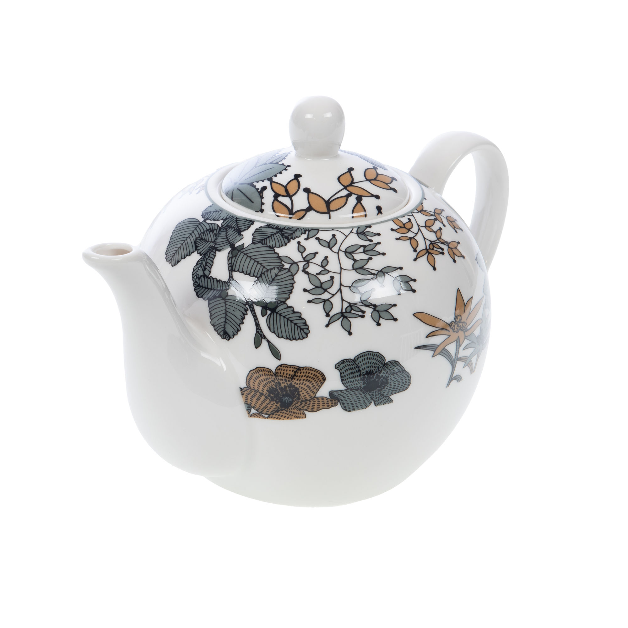 Teiera – Linea Neva – Amadeus Linea Neva 2 La teiera in porcellana bianca Teiera - Linea Neva - Amadeus presenta eleganti motivi botanici neri e dorati con foglie e fiori. Presenta un corpo rotondo, un beccuccio curvo, un manico ad anello e un coperchio sormontato da un grazioso pomello sferico.