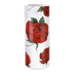 Il Vaso in Vetro Rose Baccarat Bianco Frozen di Hervit è un vaso cilindrico bianco decorato con grandi rose rosse e rigogliose foglie verdi.