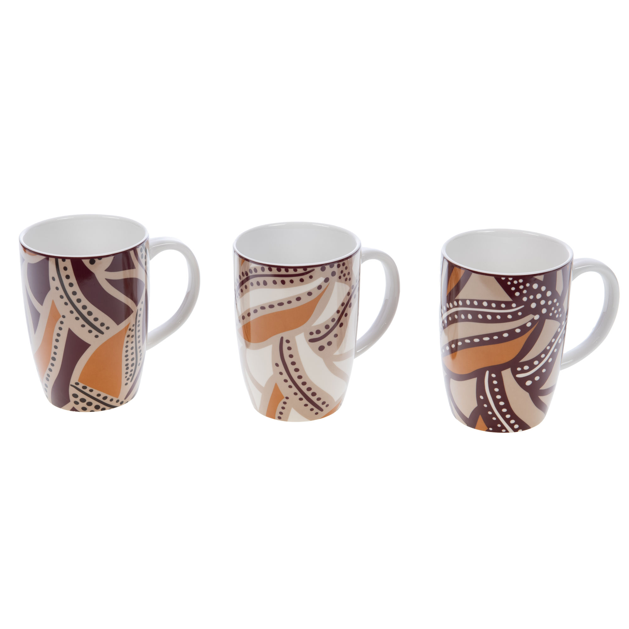 Mug – Linea Bettina – Amadeus – Fantasia di destra Linea Bettina Amadeus La collezione Mug - Linea Bettina - Amadeus presenta tre tazze in ceramica con motivi astratti marroni, beige e bianchi. Ognuna ha curve e punti unici su uno sfondo bianco ed eleganti manici bianchi che si abbinano ai loro interni immacolati.