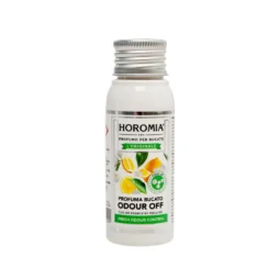 Flacone da 50 ml di Odour Off – Profuma Bucato di Horomia, con design bianco e tappo argentato. L'etichetta mostra immagini di limoni e foglie con testo verde e nero che enfatizza "fresh odori control" e oli naturali.