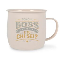 La tazza color crema "Sono io il boss e tu chi sei" presenta un testo italiano in un elegante grigio e senape con stelle e un motivo a nastro. &Egrave; perfetta per affermare in modo stravagante chi &egrave; al comando.