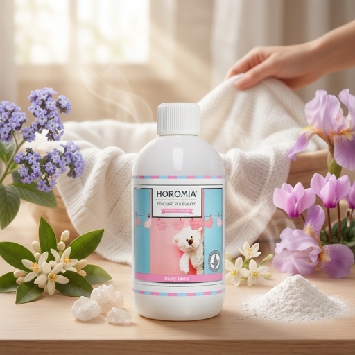 Profuma Bucato – Baby Talco – Horomia 500 ml Horomia 500 ml Un flacone da 500 ml di Profuma Bucato - Baby Talco di Horomia è appoggiato su un tavolo con fiori e tessuti, mentre una mano regge un morbido asciugamano sullo sfondo, evocando il profumo delicato e pulito del talco per bambini.