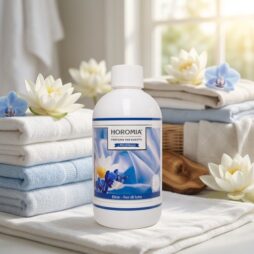 Una bottiglia di Profuma Bucato Blue Fior di Loto - Horomia da 500 ml è appoggiata su asciugamani piegati, circondata da fiori bianchi e blu di Fior di Loto, con una luce naturale soffusa che filtra da una finestra sullo sfondo.