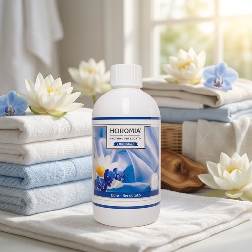 Profuma Bucato Blue Fior di Loto – Horomia 500 ml Horomia 500 ml Una bottiglia di Profuma Bucato Blue Fior di Loto - Horomia da 500 ml è appoggiata su asciugamani piegati, circondata da fiori bianchi e blu di Fior di Loto, con una luce naturale soffusa che filtra da una finestra sullo sfondo.