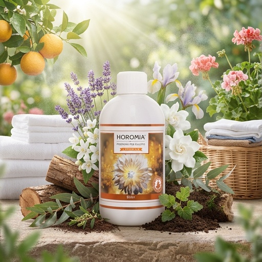 Profuma Bucato – Elixir – Horomia 500 ml Horomia 500 ml Una bottiglia da 500 ml di Profuma Bucato - Elixir - Horomia è circondata da fiori freschi e verde, con asciugamani bianchi arrotolati, un cesto di vimini sullo sfondo e la luce del sole che evoca un elisir di freschezza.