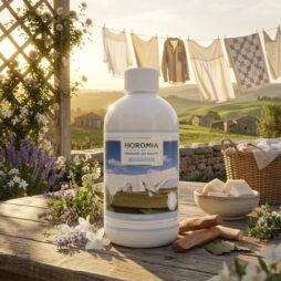 Un flacone da 500 ml del profumo per bucato Horomia Profuma Bucato nella profumazione "Fresh Cotton" è appoggiato su un tavolo all'aperto, circondato da fiori e oggetti per il bucato, con i panni stesi ad asciugare su un filo sullo sfondo della campagna.