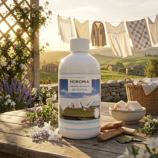 Fresh Cotton – Profuma Bucato – Horomia 500 ml Horomia 500 ml Un flacone da 500 ml del profumo per bucato Horomia Profuma Bucato nella profumazione "Fresh Cotton" è appoggiato su un tavolo all'aperto, circondato da fiori e oggetti per il bucato, con i panni stesi ad asciugare su un filo sullo sfondo della campagna.