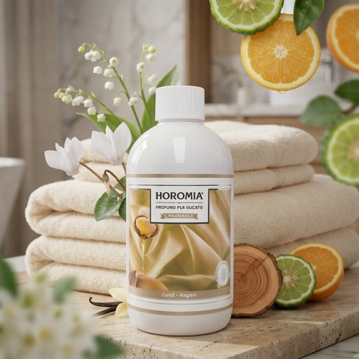 Profuma Bucato – Gold Argan – Horomia 500 ml Horomia 500 ml Un flacone di "Profuma Bucato - Gold Argan - Horomia 500 ml" è appoggiato su un bancone con asciugamani color crema, fiori bianchi, foglie verdi, fette di arancia e lime per un'atmosfera fresca e termale.