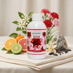 Un flacone da 500 ml di "Sapone Imperiale - Profuma Bucato - Horomia" è appoggiato su un panno, circondato da agrumi, vaniglia, fiori bianchi e rossi e pietre levigate che ne evocano la fragranza fresca e floreale.