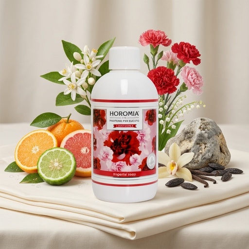 Imperial Soap – Profuma Bucato – Horomia 500 ml Horomia 500 ml Un flacone da 500 ml di "Sapone Imperiale - Profuma Bucato - Horomia" è appoggiato su un panno, circondato da agrumi, vaniglia, fiori bianchi e rossi e pietre levigate che ne evocano la fragranza fresca e floreale.