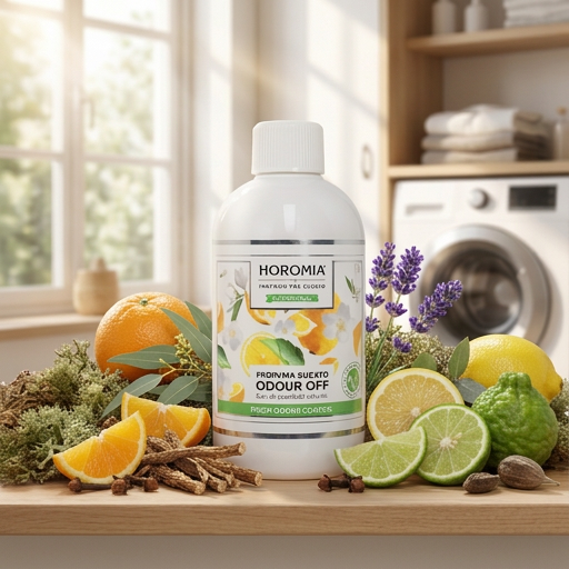 Odour Off – Profuma Bucato – Horomia 500 ml Horomia 500 ml Un flacone da 500 ml di Odour Off - Profuma Bucato di Horomia si trova su un bancone da cucina tra agrumi, erbe e fiori, con una lavatrice e scaffali visibili sullo sfondo.