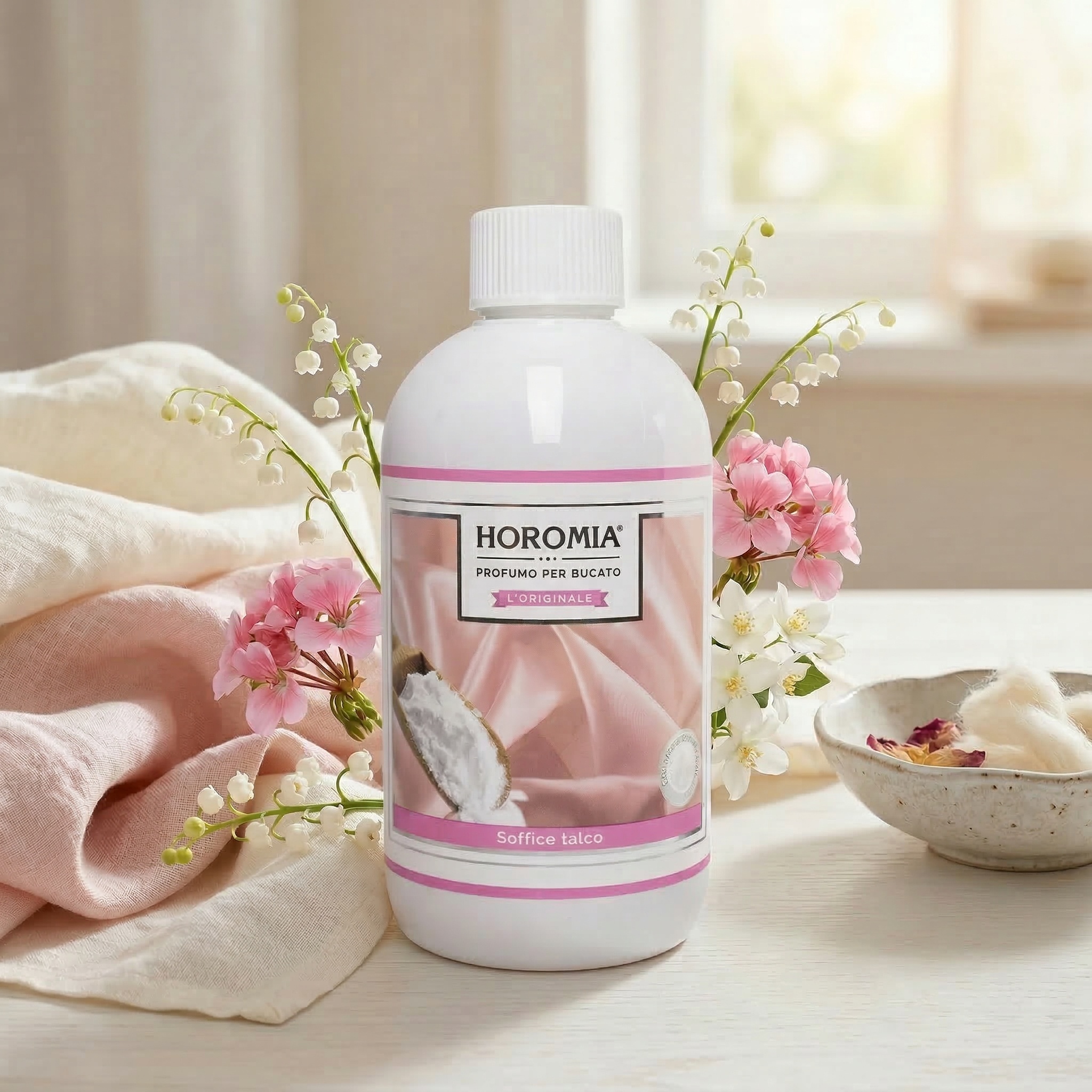 Soffice Talco – Profuma Bucato Horomia – 500 ml Horomia 500 ml Una bottiglia da 500 ml di Soffice Talco - Profuma Bucato Horomia è appoggiata su un tavolo ornato di fiori bianchi e rosa, accanto a un panno beige e rosa e a una ciotola di petali, immersa in una luce naturale soffusa per un'atmosfera invitante.