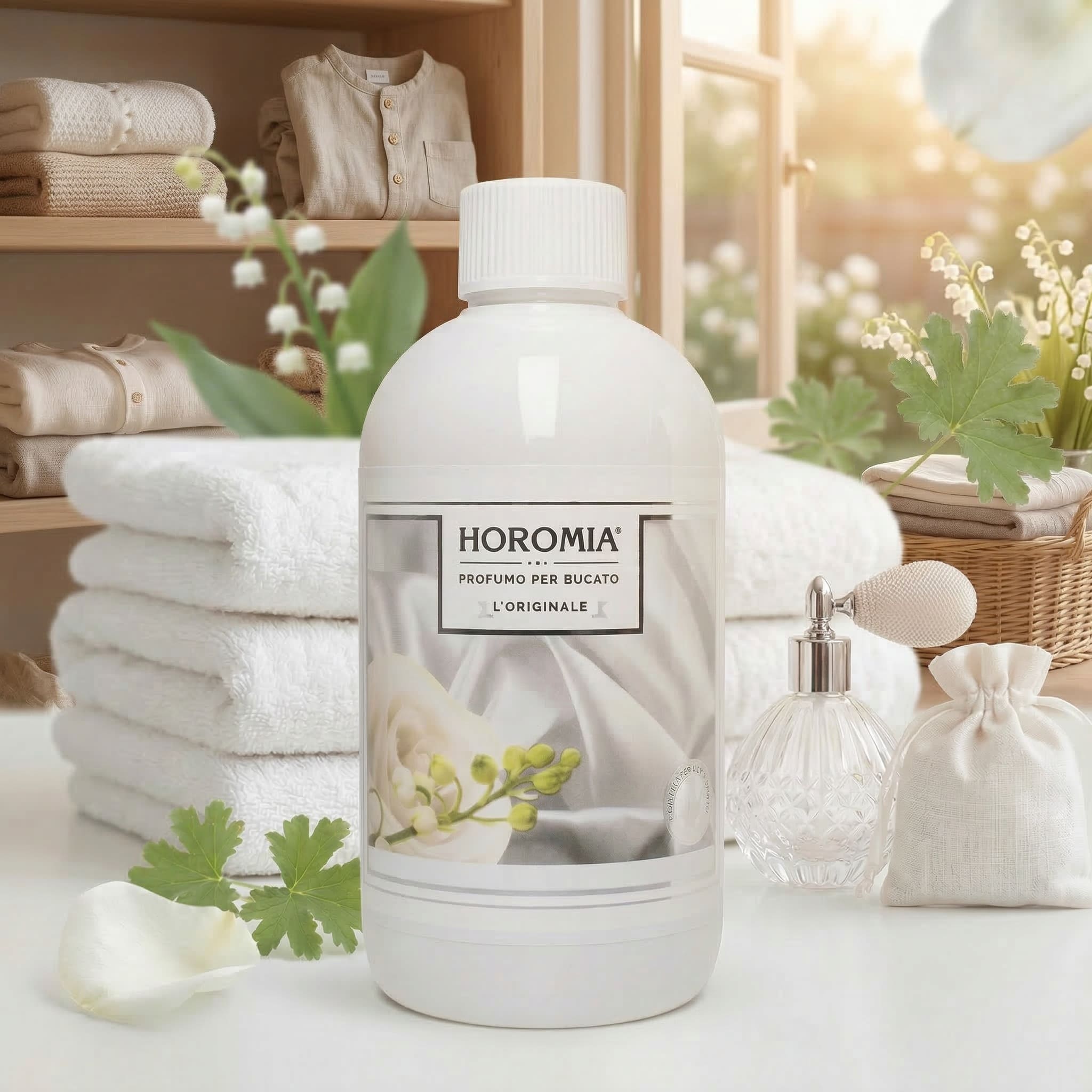 Profuma Bucato White – Horomia 500 ml Horomia 500 ml Un flacone di Profuma Bucato White - Horomia da 500 ml è esposto davanti ad asciugamani bianchi piegati, a un atomizzatore di profumo in vetro e a un sacchetto di stoffa, con scaffali di biancheria e verde in una stanza accogliente e dalle luci soffuse.