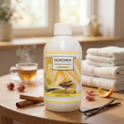 Una bottiglia da 500 ml di Horomia Vaniglia e Mirra Profuma Bucato è appoggiata su un tavolo di legno accanto a stecche di cannella, baccelli di vaniglia, tè, petali di rosa essiccati, fette d'arancia e asciugamani piegati in una stanza accogliente e illuminata dal sole.