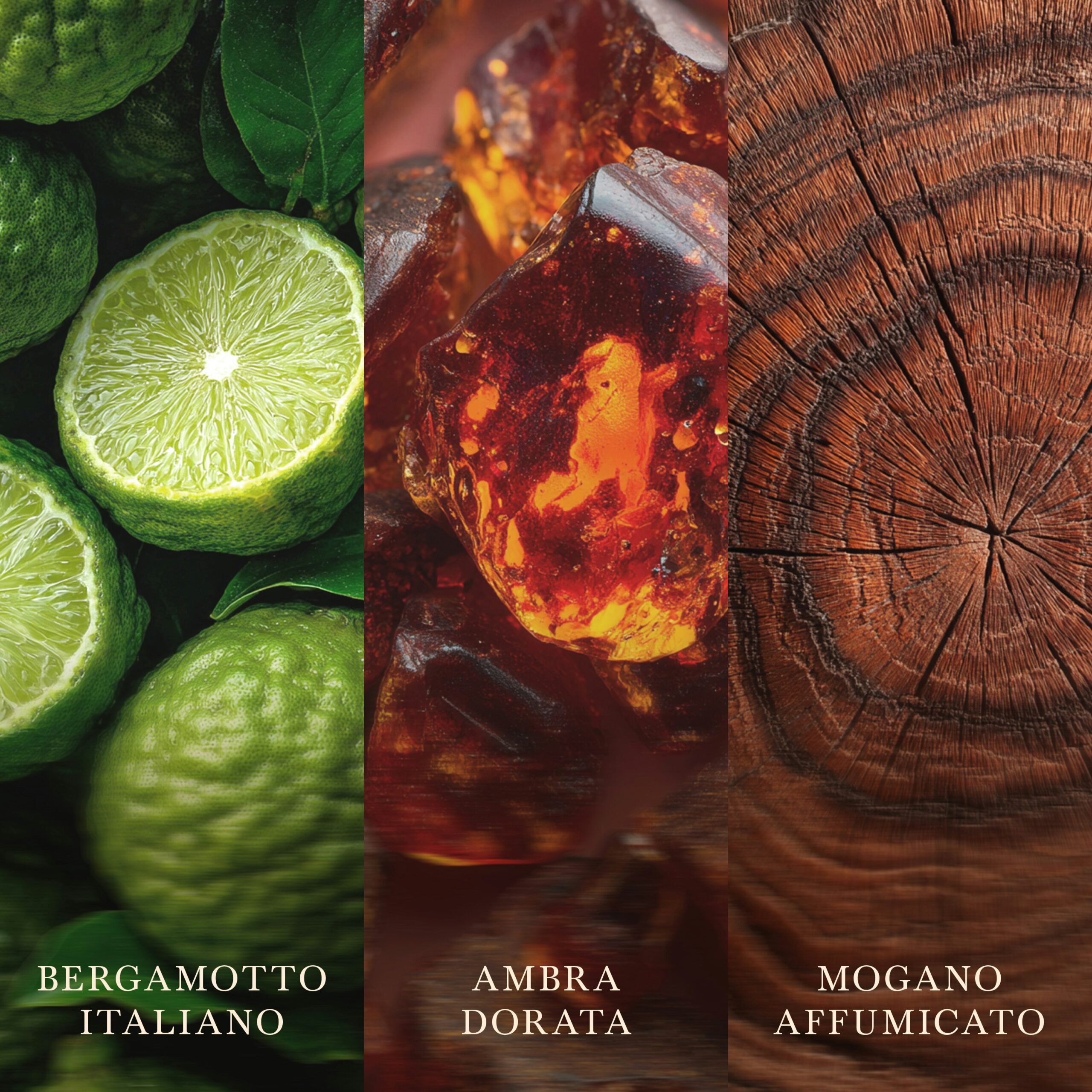 Fireside – Candela Piccola – Woodwick 100 Punti 2 Tre pannelli: il primo mostra vivaci fette verdi di bergamotto, il secondo presenta una resina ambrata dorata, mentre il terzo mostra un primo piano delle venature profonde e ricche del legno, che evocano il calore di un accogliente caminetto. Ogni elemento è etichettato in italiano — Bergamotto Italiano, Ambra Dorata, Mogano Affumicato — mettendo in risalto le note chiave perfettamente racchiuse nella nostra collezione Fireside - Candela Piccola - Woodwick.