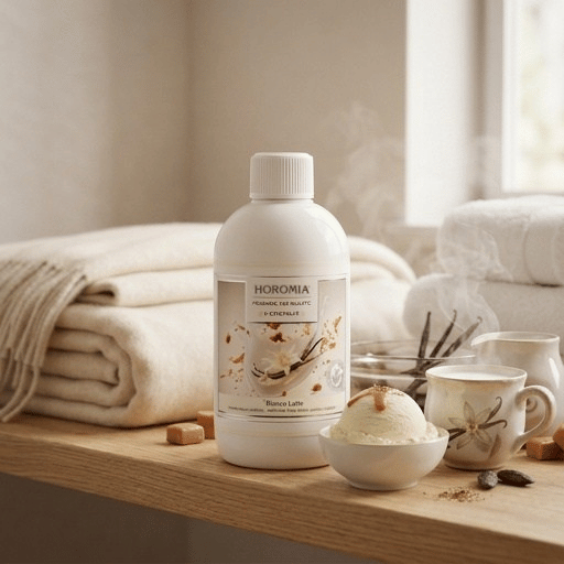 Bianco Latte – Profuma Bucato – Horomia 500 ml Horomia 500 ml Una bottiglia da 500 ml di Bianco Latte - Profuma Bucato di Horomia è appoggiata sul legno vicino ad asciugamani piegati, a una ciotola di gelato alla vaniglia e a decorazioni che evocano un ambiente calmo e accogliente come una spa.