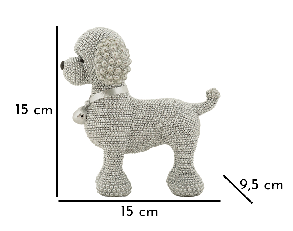 Barboncino Sparky – Mauro Ferretti – 15 x 15 x 9.5 cm Figure 2 La statuina Barboncino Sparky di Mauro Ferretti, delle dimensioni di 15 x 15 x 9,5 cm e decorata con perline argentate, è raffigurata su uno sfondo bianco con linee dimensionali.