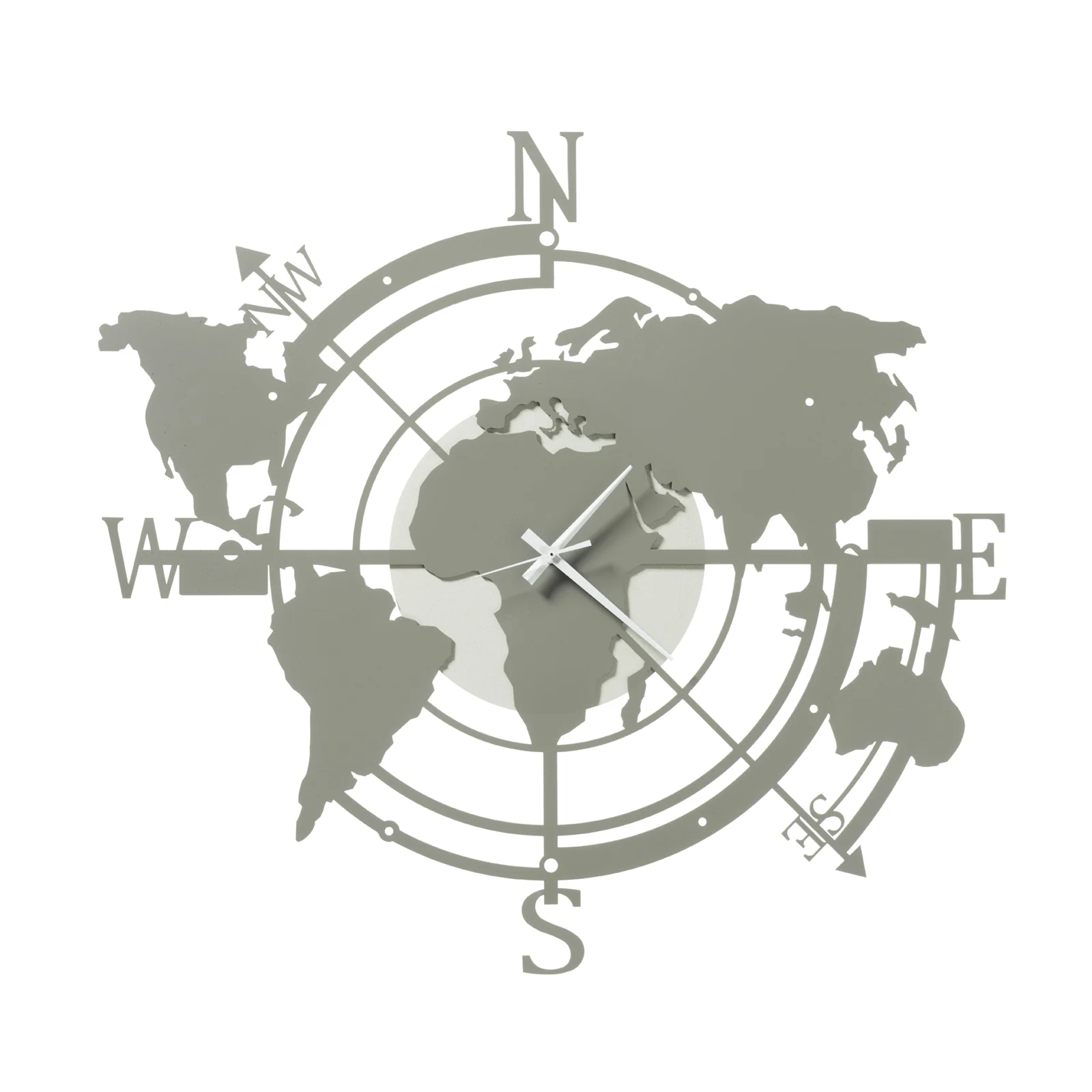 Orologio di design da parete Planisfero piccolo-Arti & Mestieri Complementi arredo saldi L'Orologio di design da parete Planisfero piccolo-Arti & Mestieri è caratterizzato da una mappa del mondo e da dettagli della bussola, con lancette bianche che si muovono sui continenti - unendo eleganza e funzionalità in un orologio da parete unico.