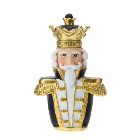 Busto Soldatino Resina Nero/Oro Scatola regalo – Hervit Hervit Natale Il Busto Soldatino Resina Nero/Oro Scatola regalo di Hervit è una statuetta decorativa di un re con corona d'oro, barba bianca e uniforme nera e oro, realizzata in resina e presentata su un semplice sfondo bianco.