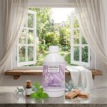 Una bottiglia di Profuma Bucato - Brezza di Primavera - Horomia da 500 ml è appoggiata su un davanzale con tende velate, circondata da piccole bottiglie, foglie e pezzi di legno. La luce del sole proveniente dalla finestra aperta riempie la stanza di un fresco profumo di primavera.