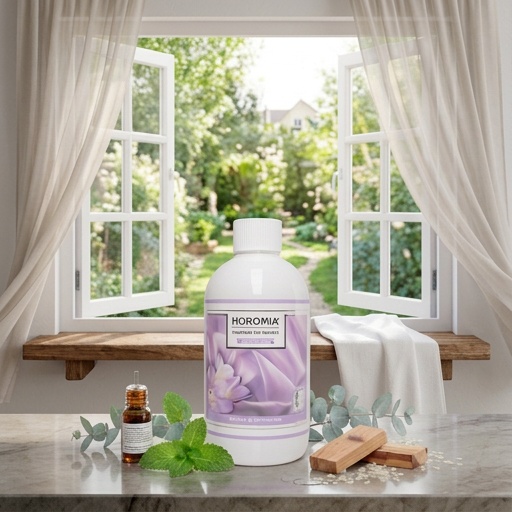 Profuma Bucato – Brezza di Primavera – Horomia 500 ml Horomia 500 ml Una bottiglia di Profuma Bucato - Brezza di Primavera - Horomia da 500 ml è appoggiata su un davanzale con tende velate, circondata da piccole bottiglie, foglie e pezzi di legno. La luce del sole proveniente dalla finestra aperta riempie la stanza di un fresco profumo di primavera.