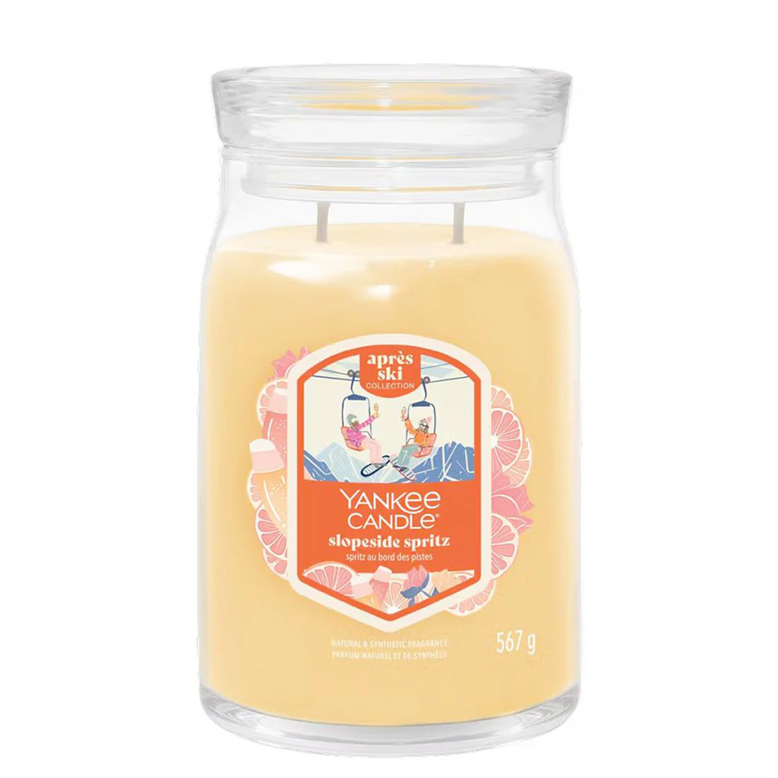 Slopeside spritz – Giara Grande – Yankee Candle 350 Punti La candela Yankee Candle Slopeside Spritz Giara Grande è caratterizzata da una cera arancione e da un'etichetta a tema sciatore con cocktail su piste innevate; questa vivace candela da 567 g porta allegria invernale.