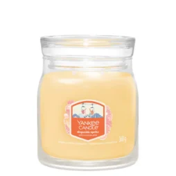 Candela in barattolo di vetro di grandi dimensioni con cera di colore giallo chiaro. L'etichetta recita "Yankee Candle Slopeside Spritz" e raffigura una vivace scena sulle piste da sci. Questa media di 368 grammi di candela aggiunge un'atmosfera fresca ed esaltante a qualsiasi ambiente con la sua esclusiva fragranza Yankee Candle.